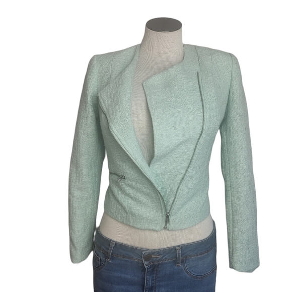 H&M Jackets & Blazers - H&M Tweed Moto Mint Green Jacket Zipper Asymmetrical Size 2